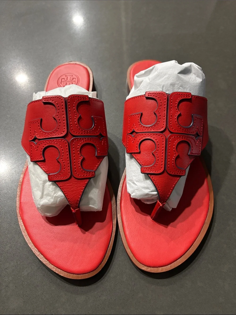 NWOT Tory Burch Red Leather Logo Thong Slide Sandals